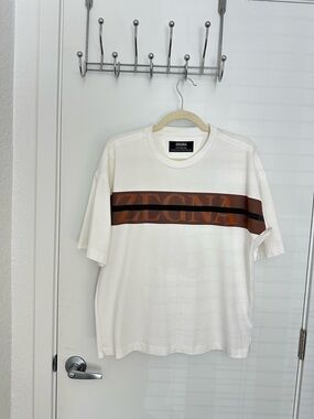 Zegna Men’s White Crewneck T-Shirt with Brown Logo Stripe